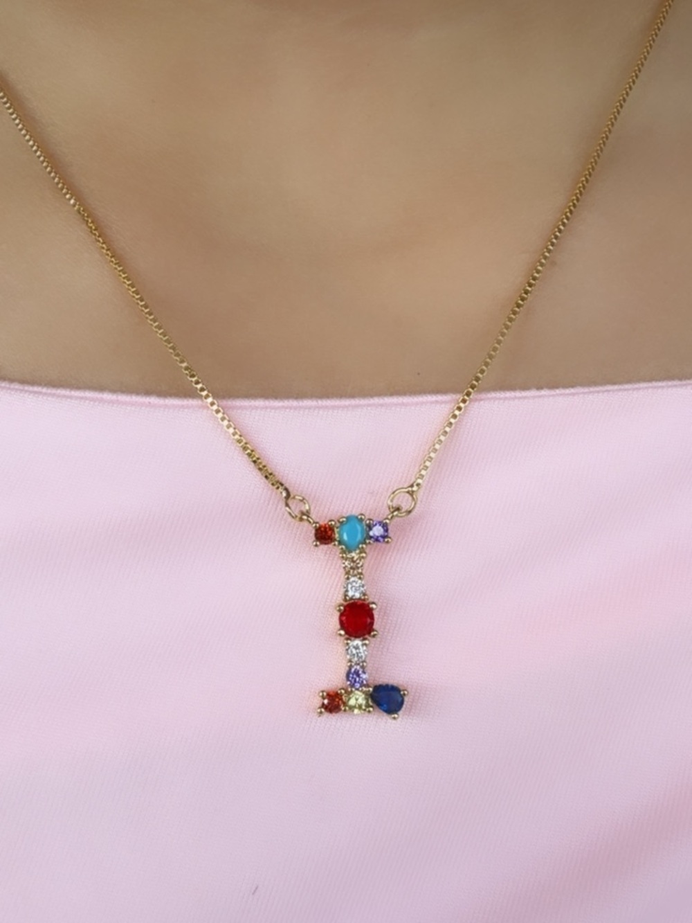 Gold Initial I Pendant Necklace with Multicolor Gemstones